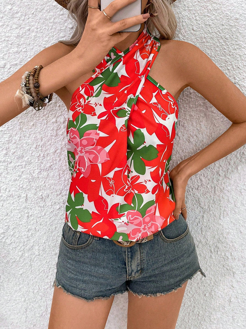 VCAY Blusa De Cuello Halter Con Estampado De Flores