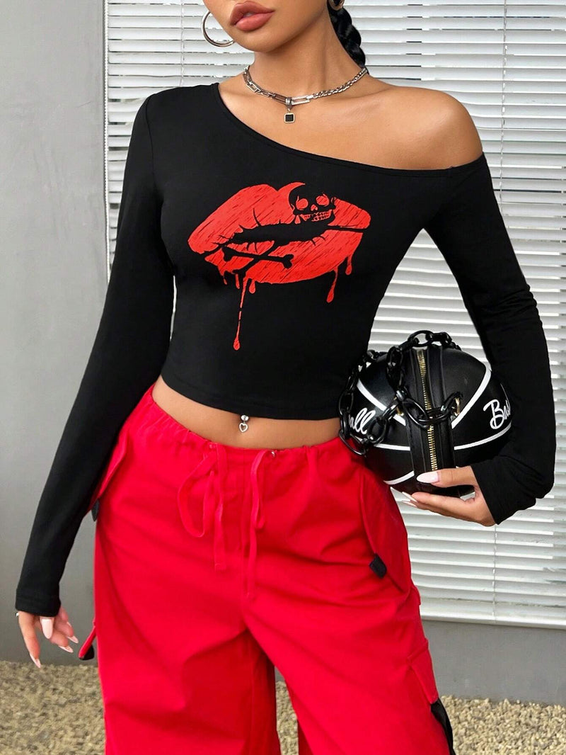 EZwear Camiseta De Tricot Holgada Con Patron De Labios Rojos Y Cabeza De Calavera Para El Dia De San Valentin