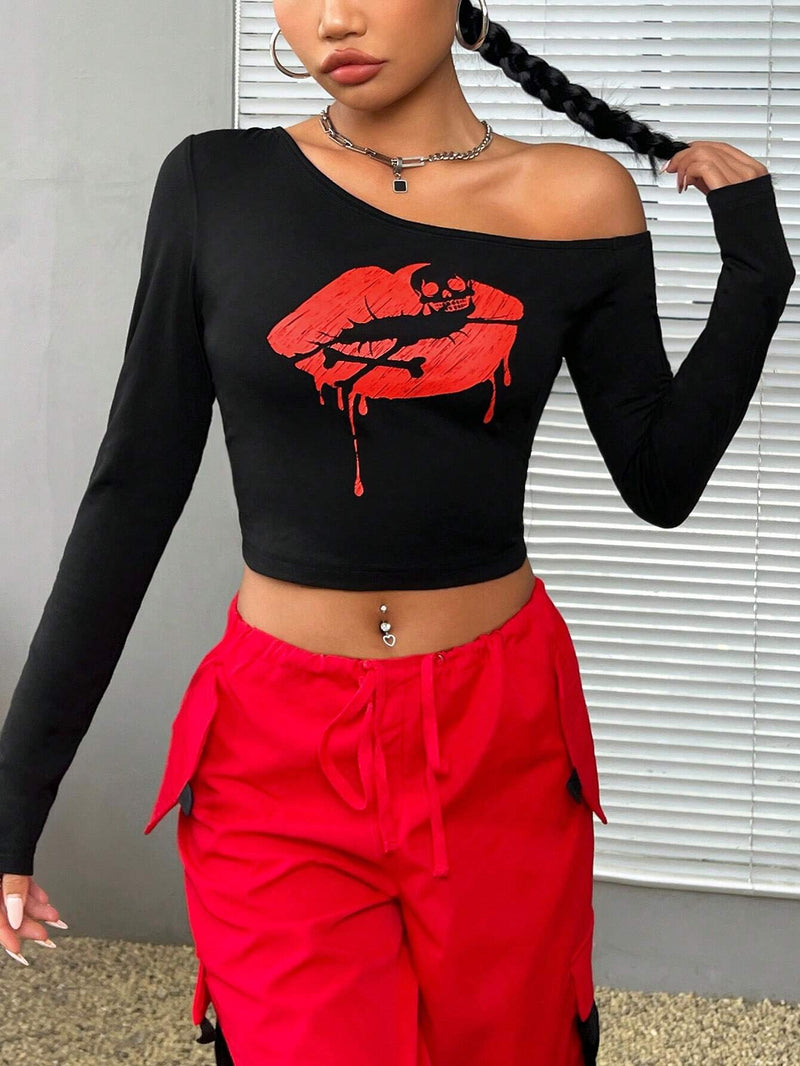 EZwear Camiseta De Tricot Holgada Con Patron De Labios Rojos Y Cabeza De Calavera Para El Dia De San Valentin