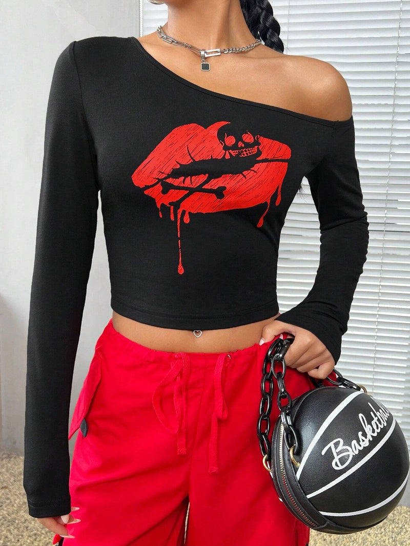 EZwear Camiseta De Tricot Holgada Con Patron De Labios Rojos Y Cabeza De Calavera Para El Dia De San Valentin