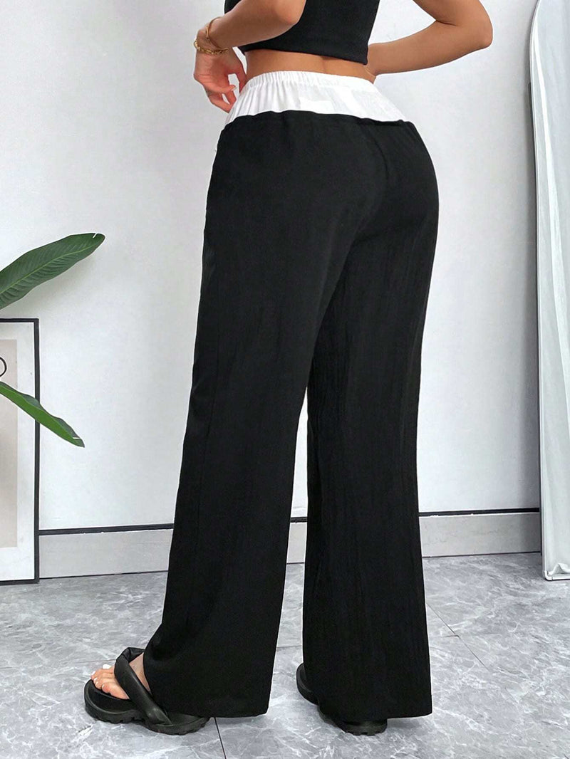 Essnce Pantalones De Pierna Ancha De Y Lino De Mujer Para Verano Con Pretina Elastica, Color Block Y Parcheado En Vacaciones Casuales