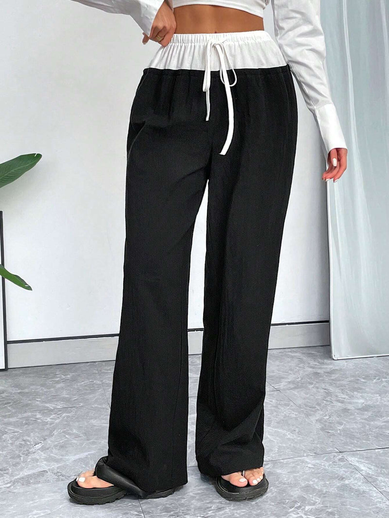 Essnce Pantalones De Pierna Ancha De Y Lino De Mujer Para Verano Con Pretina Elastica, Color Block Y Parcheado En Vacaciones Casuales