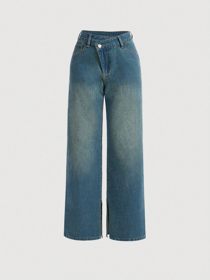 MOD Jeans De Pierna Ancha Con Abertura Para Mujeres Lavadas Con Chambray