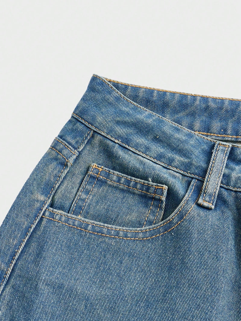 MOD Jeans De Pierna Ancha Con Abertura Para Mujeres Lavadas Con Chambray