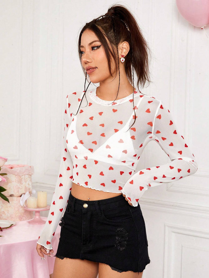 EZwear Crop Top De Malla Ajustado Al Cuerpo Con Patron De Corazon Sin Brasier