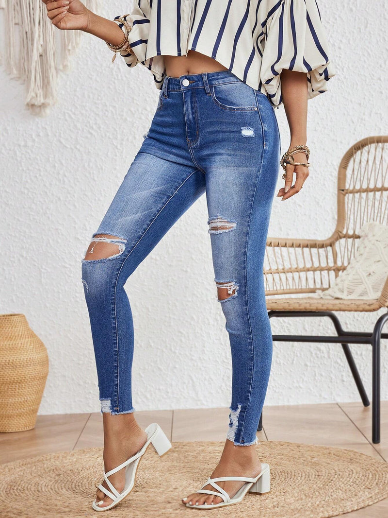 VCAY Jeans Ajustados Para Mujer Con Efecto Lavado Y Desgaste