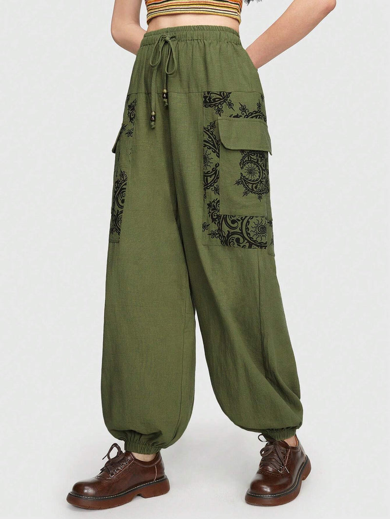 ROMWE Hippie Pantalones De Carga Con Patron Bohemio Elf Nepal Sun Moon Star