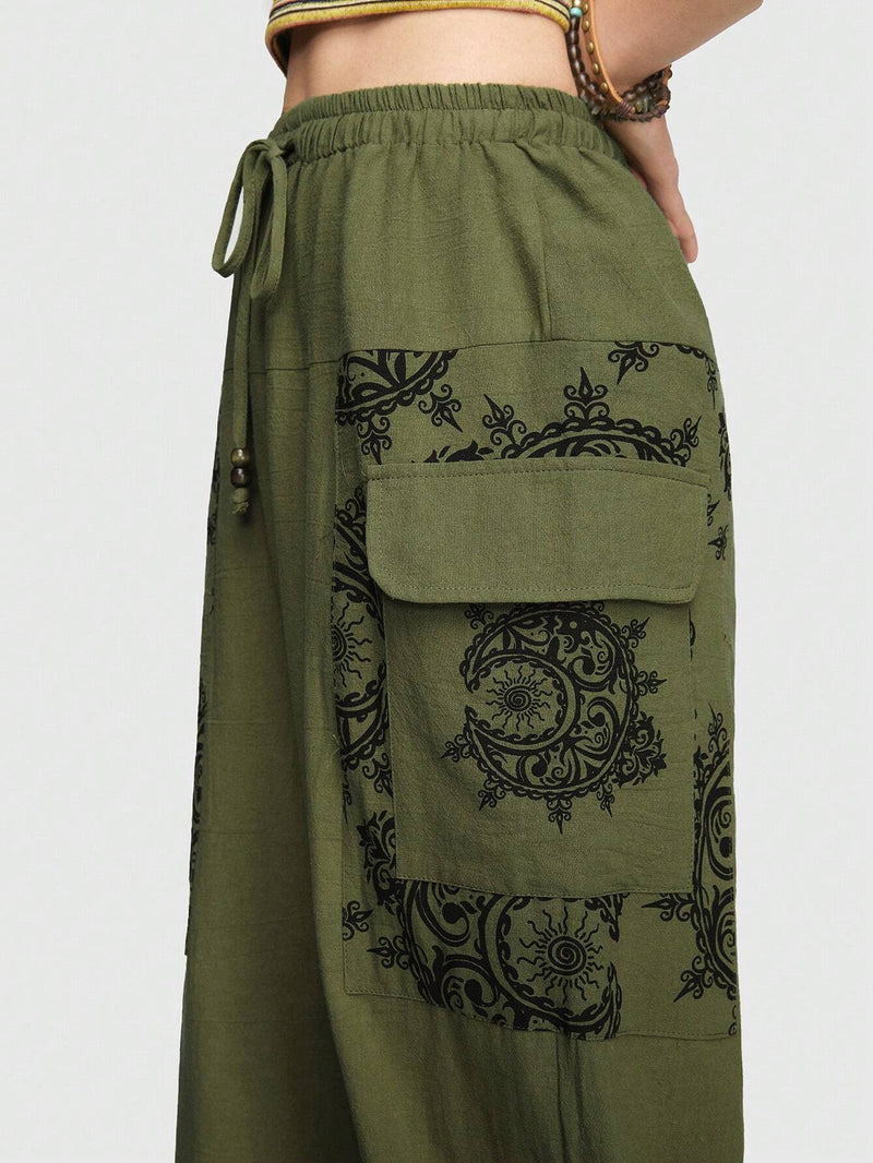 ROMWE Hippie Pantalones De Carga Con Patron Bohemio Elf Nepal Sun Moon Star