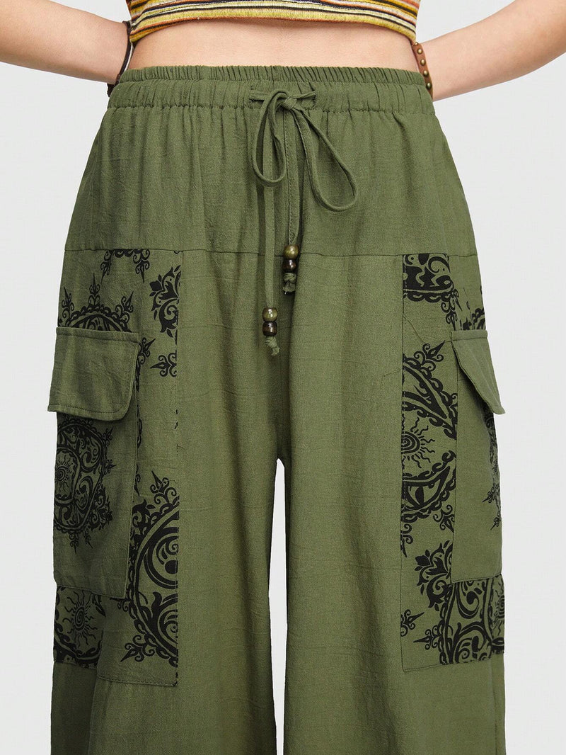 ROMWE Hippie Pantalones De Carga Con Patron Bohemio Elf Nepal Sun Moon Star