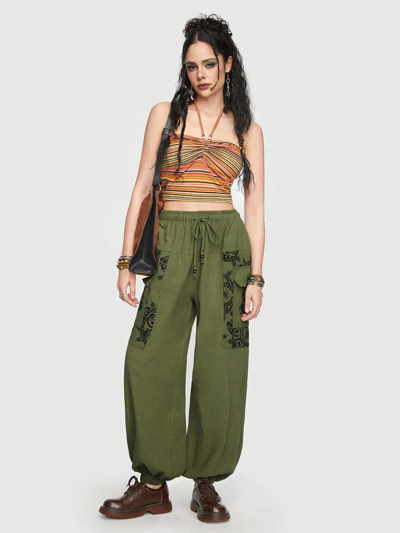 ROMWE Hippie Pantalones De Carga Con Patron Bohemio Elf Nepal Sun Moon Star