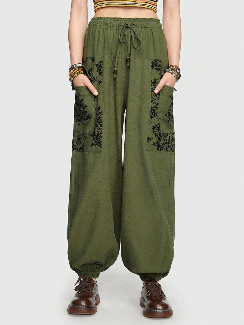 ROMWE Hippie Pantalones De Carga Con Patron Bohemio Elf Nepal Sun Moon Star