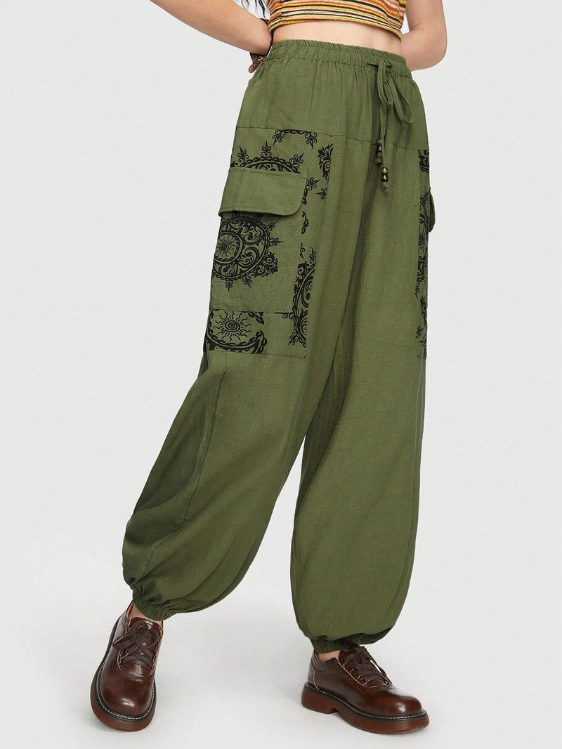 ROMWE Hippie Pantalones De Carga Con Patron Bohemio Elf Nepal Sun Moon Star