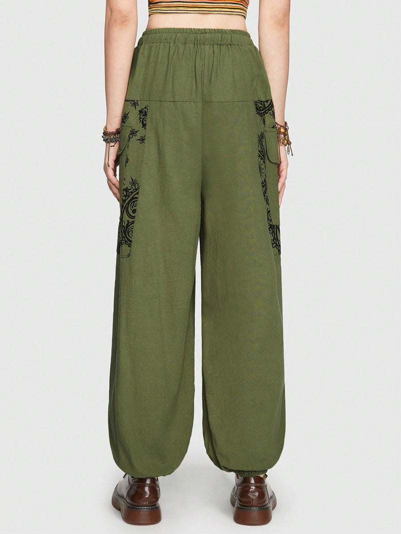 ROMWE Hippie Pantalones De Carga Con Patron Bohemio Elf Nepal Sun Moon Star