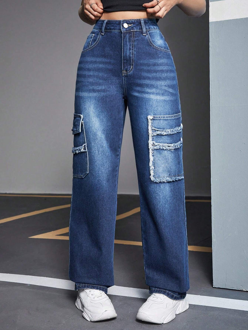 EZwear Jeans Estilo Cargo Con Dobladillo Deshilachado Para Mujer