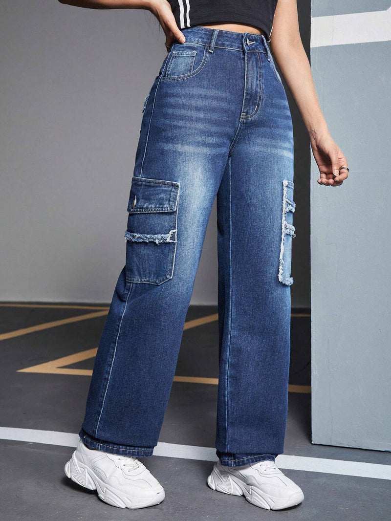 EZwear Jeans Estilo Cargo Con Dobladillo Deshilachado Para Mujer