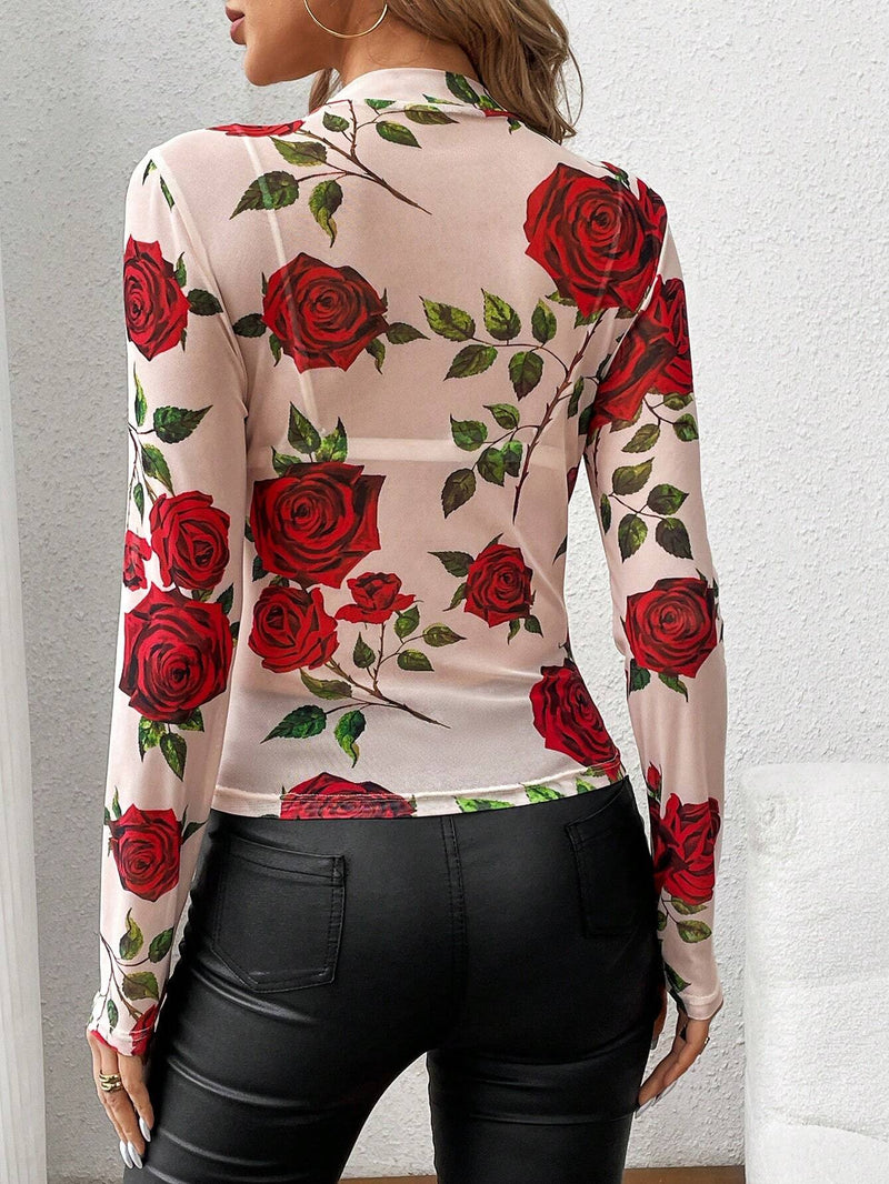 LUNE Top De Malla Con Estampado Floral Y Cuello Redondo Para Mujer