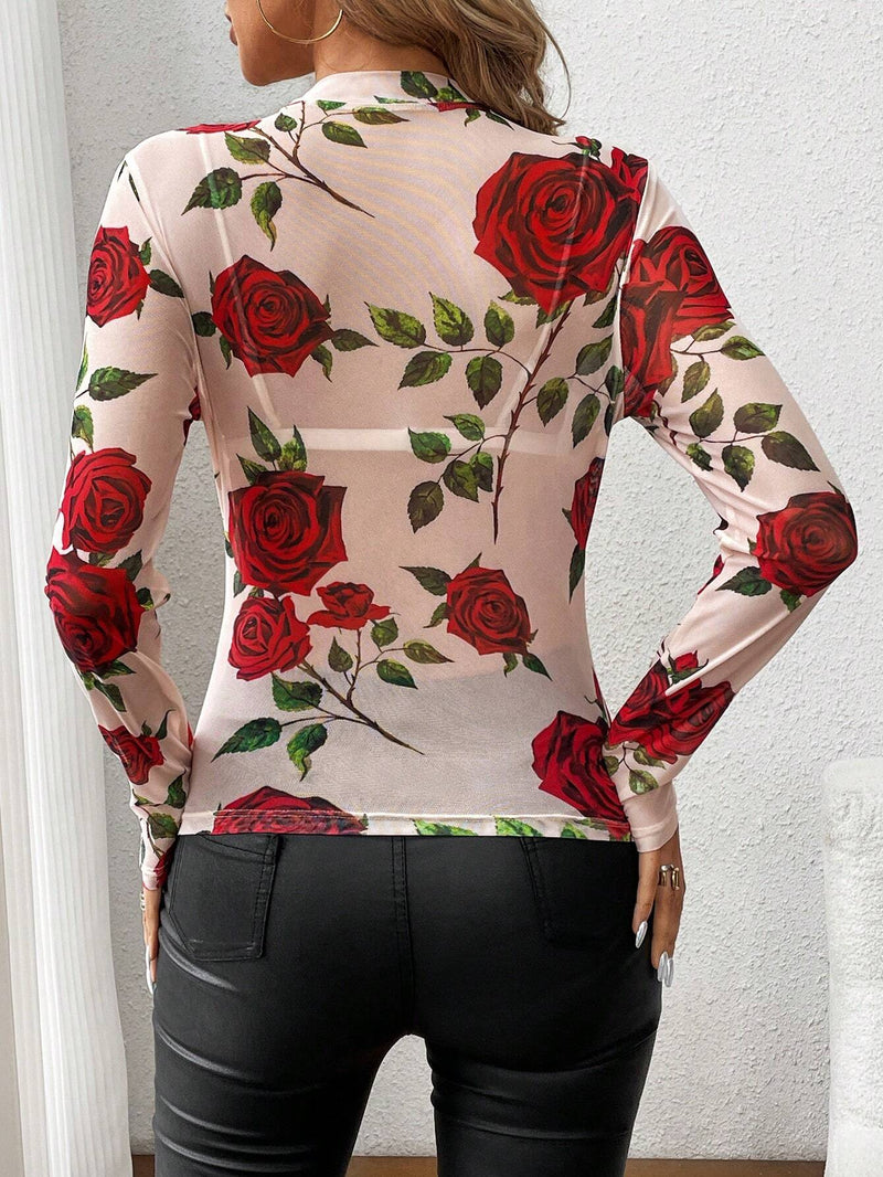 LUNE Top De Malla Con Estampado Floral Y Cuello Redondo Para Mujer