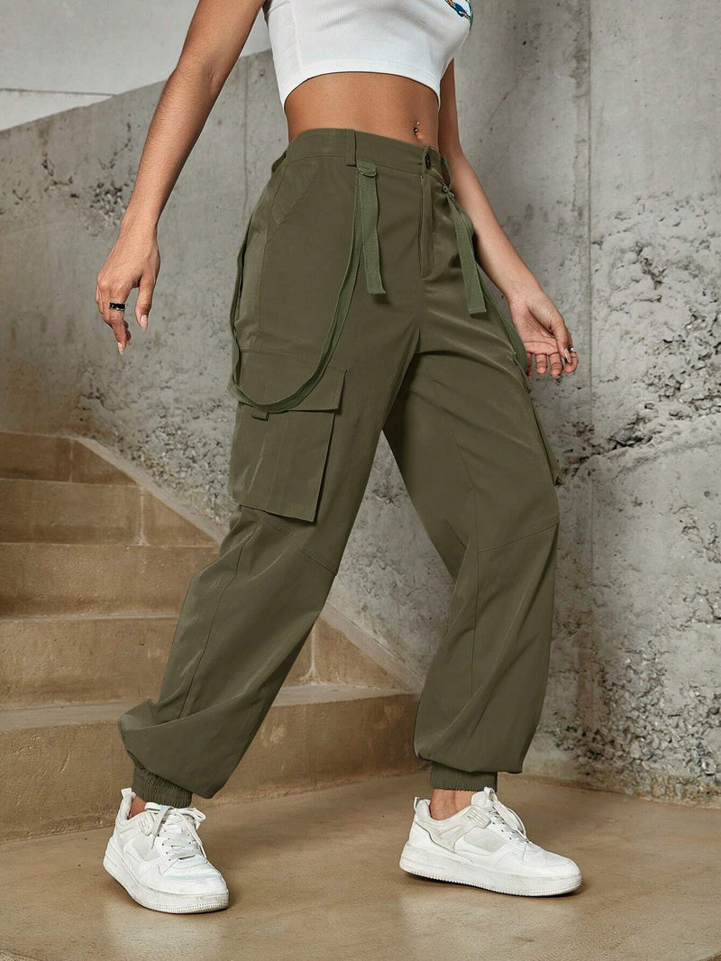 Street Hip Hop Solido Elastico Cintura Solapa Bolsillo Cinta Decoracion Baggy Cargo Pantalones Casual Jogger Pantalones