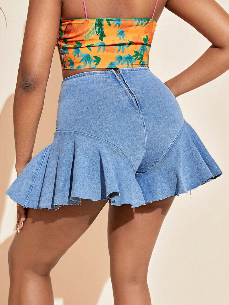 VCAY Shorts De Mezclilla Elasticos De Cintura Alta Con Dobladillo De Volante Para Mujeres