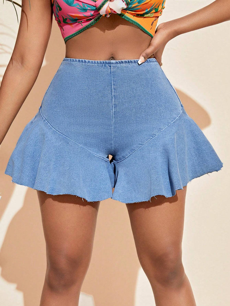 VCAY Shorts De Mezclilla Elasticos De Cintura Alta Con Dobladillo De Volante Para Mujeres