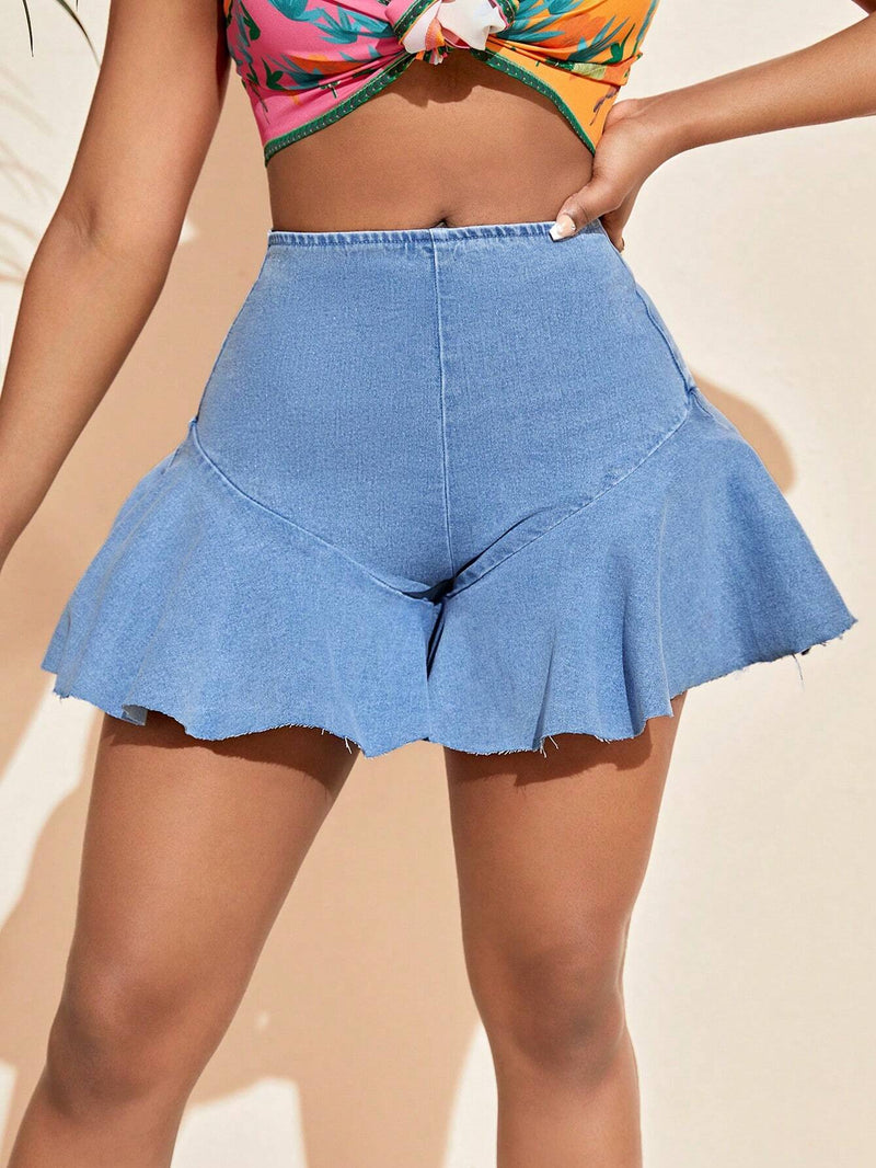 VCAY Shorts De Mezclilla Elasticos De Cintura Alta Con Dobladillo De Volante Para Mujeres