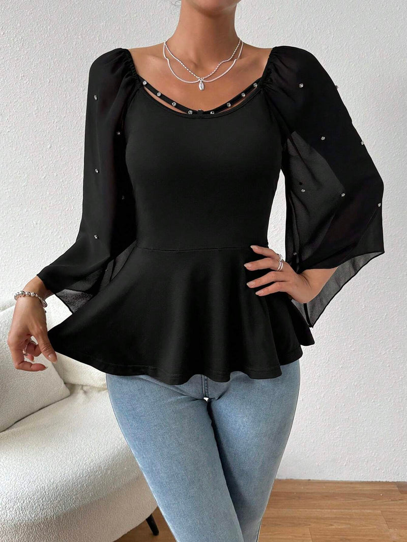 Clasi Blusa De Manga De Malla Para Mujer Con Dobladillo Con Volantes