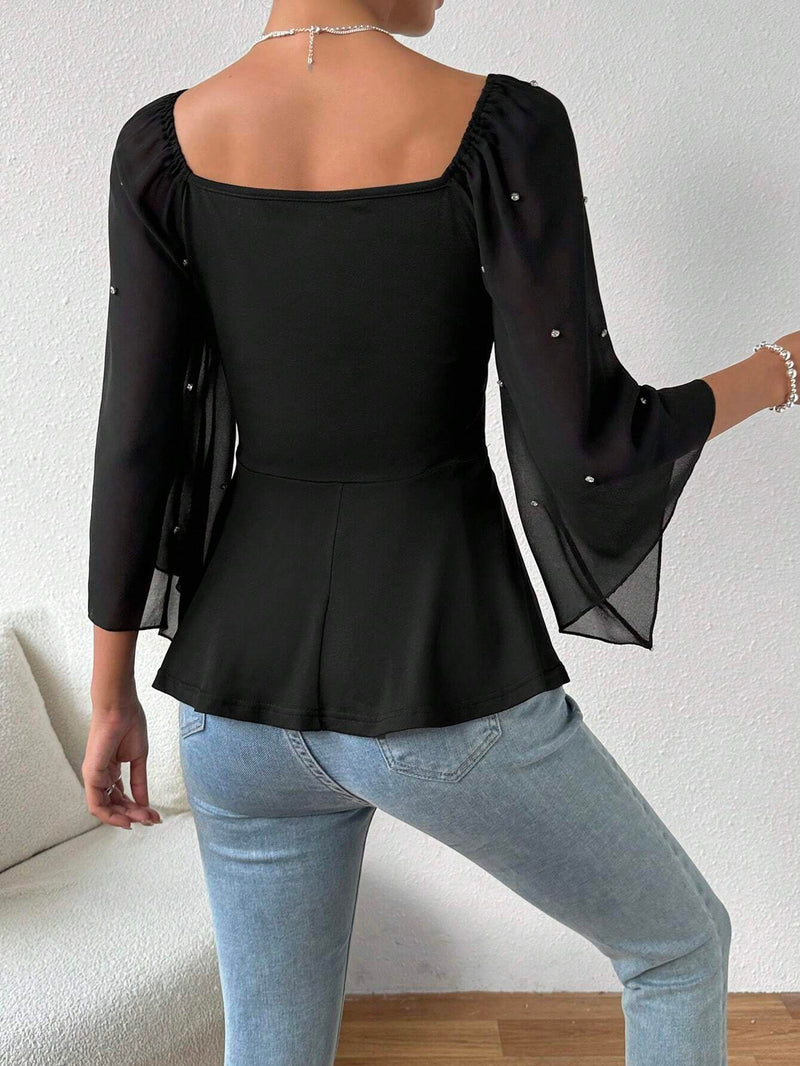 Clasi Blusa De Manga De Malla Para Mujer Con Dobladillo Con Volantes