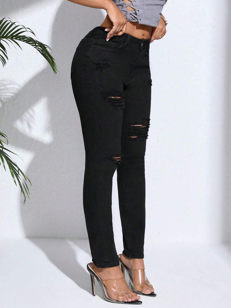 Pantalones Jeans Ajustados Rotos Para Mujer