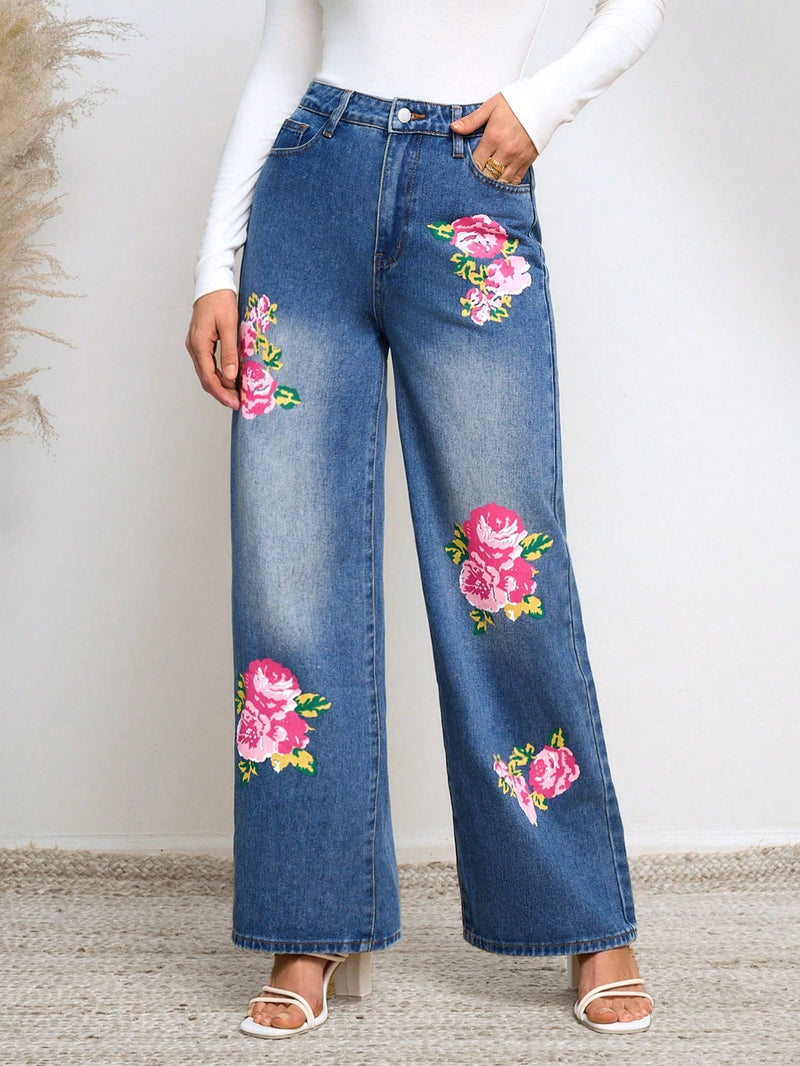 Prive Jeans De Pierna Ancha Para Mujer Con Estampado De Flores