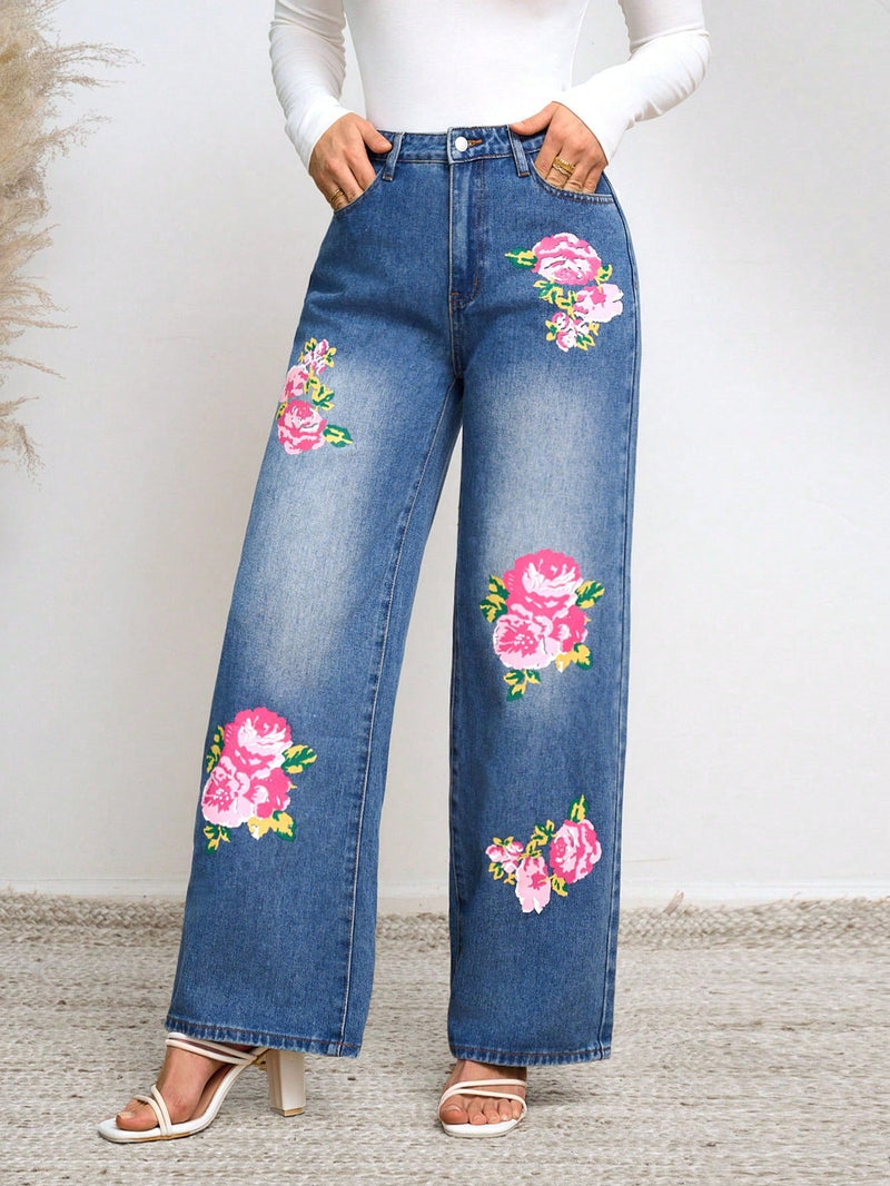 Prive Jeans De Pierna Ancha Para Mujer Con Estampado De Flores