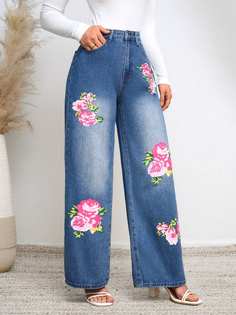 Prive Jeans De Pierna Ancha Para Mujer Con Estampado De Flores