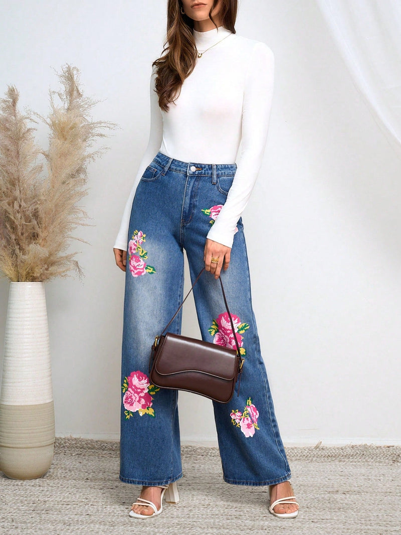 Prive Jeans De Pierna Ancha Para Mujer Con Estampado De Flores