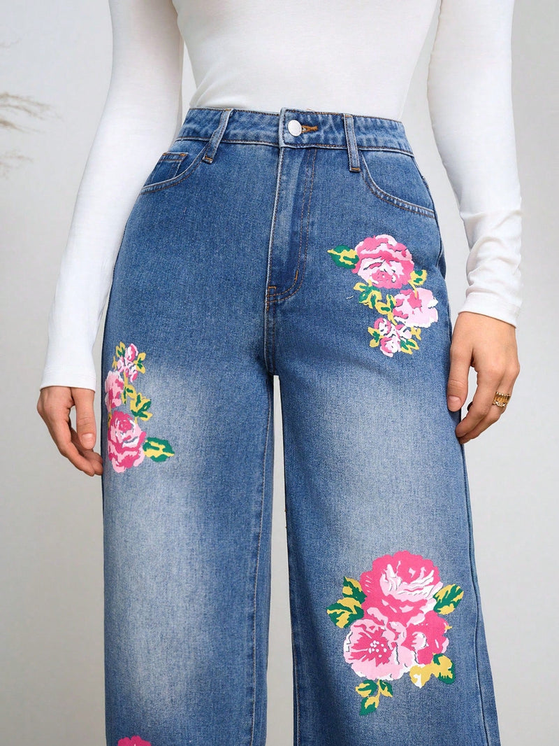 Prive Jeans De Pierna Ancha Para Mujer Con Estampado De Flores