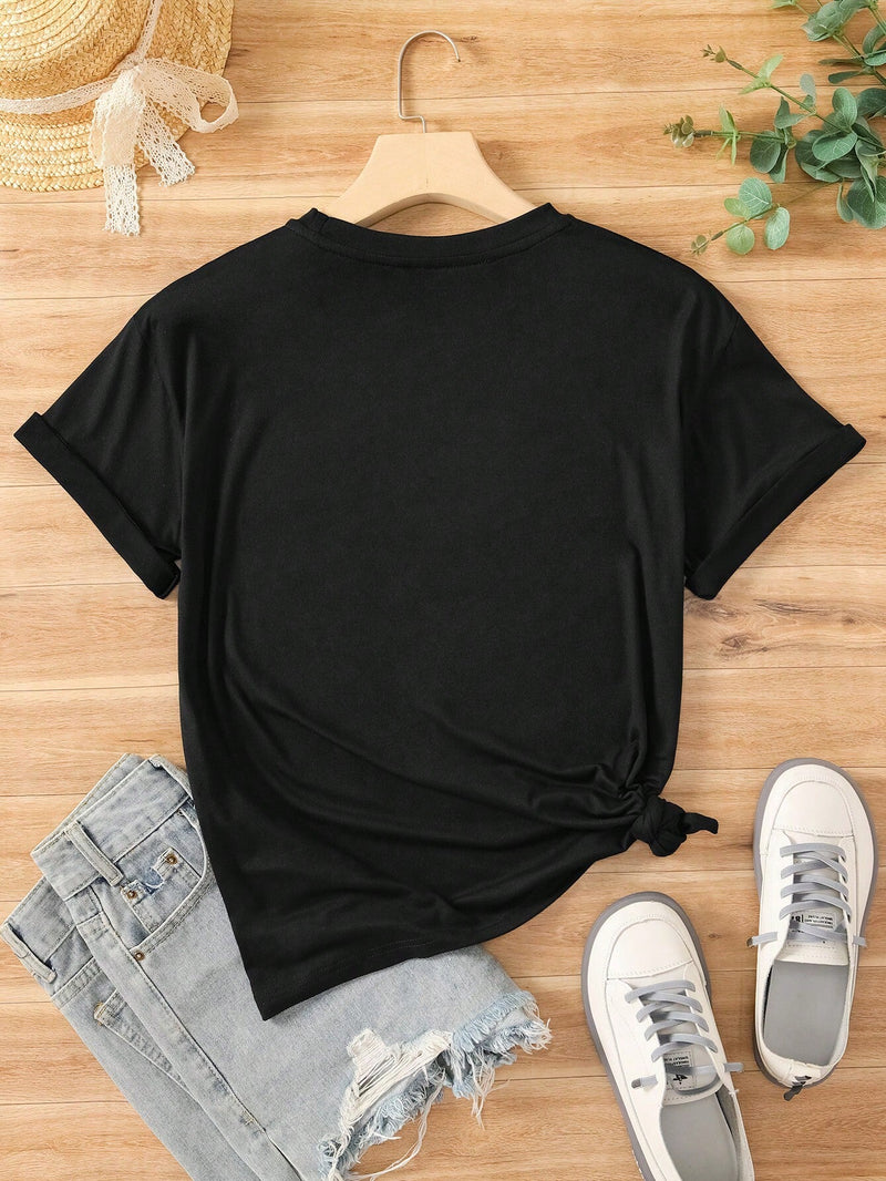 Camiseta De Manga Corta Para Mujer Con Lema Y Labios Impresos