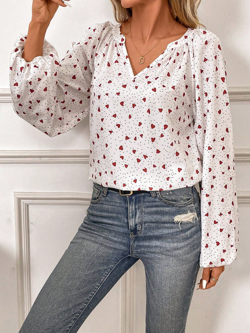 Frenchy Camisa De Manga Farol Con Estampado De Lunares Y Corazones Para Mujer