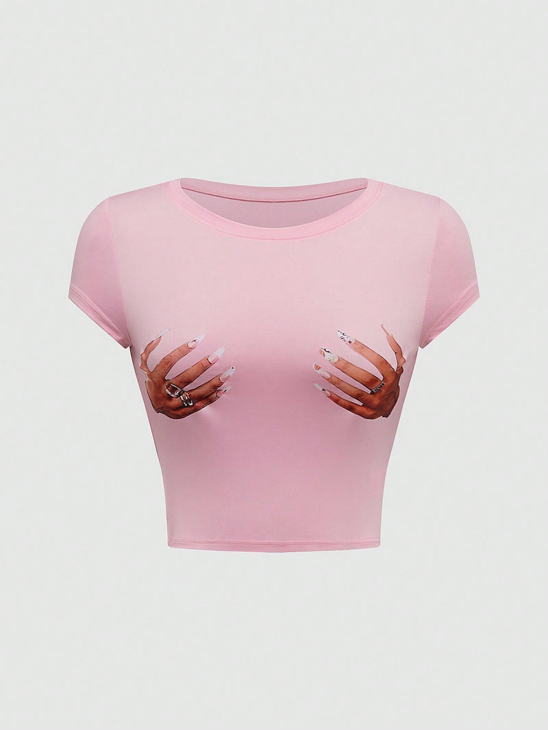 Camiseta De Cuello Redondo Impresa A Mano Para Mujeres