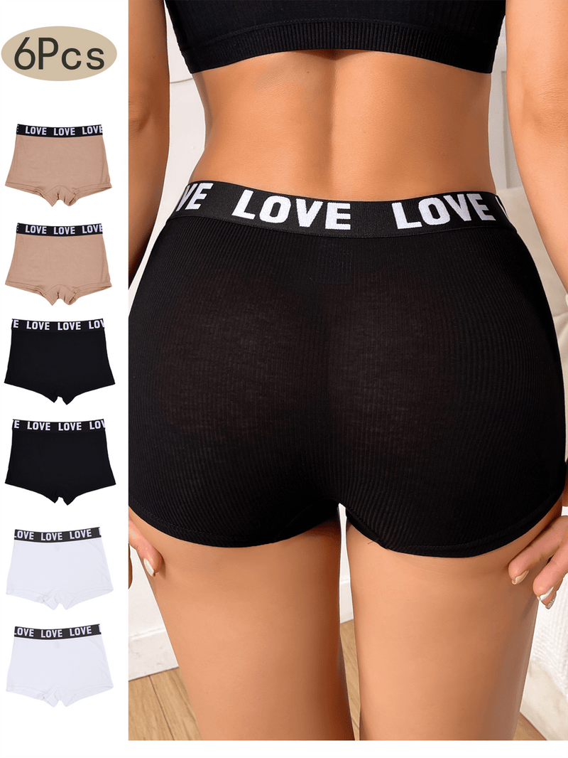 Paquete De 6 Calzoncillos Tipo Boxer Con Estampado De Alfabetos Para Mujer, Suaves Y Elasticos, Comodos Calzoncillos Con Cintura Caida