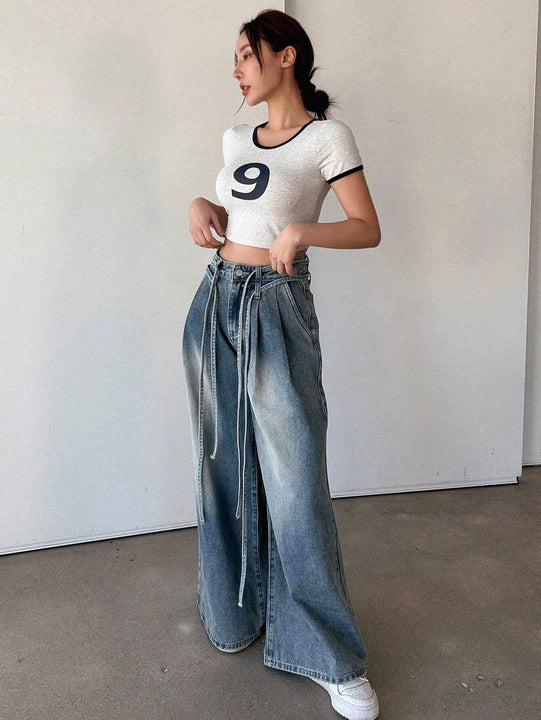 Top Corto Con Estampado Digital De Bloques De Color Para Mujer Con Ribete De Contraste