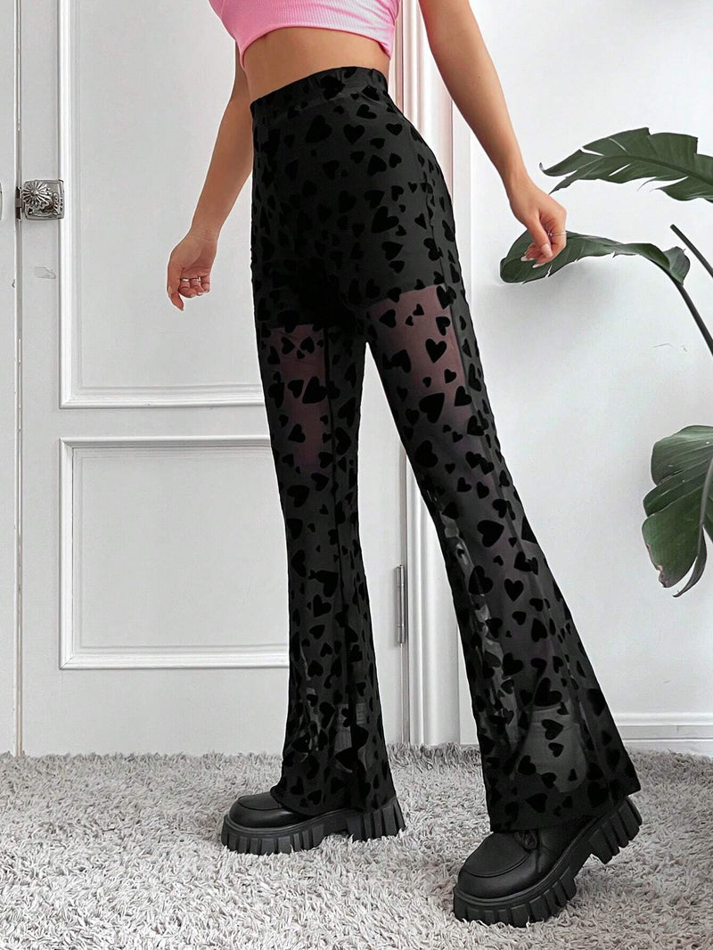 EZwear Pantalones De Mujer De San Valentin En Forma De Corazon De Malla De Terciopelo Negro