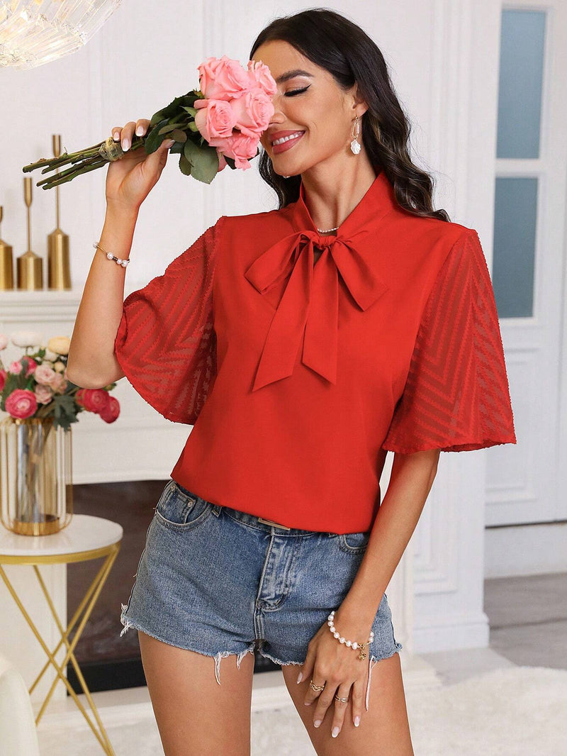 Camisa De Mujer Con Mangas De Mariposa De Bloque De Color Y Nudo En La Parte Frontal