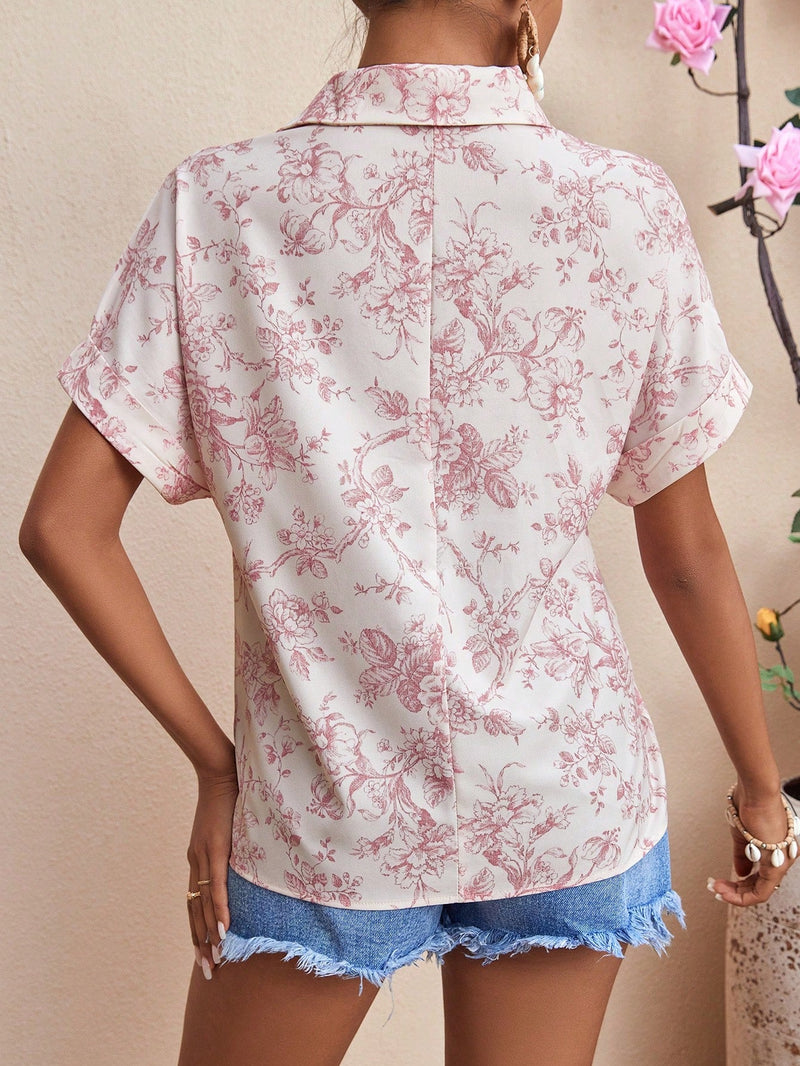 VCAY Blusa De Manga Corta Murcielago Con Estampado Floral Para Mujer