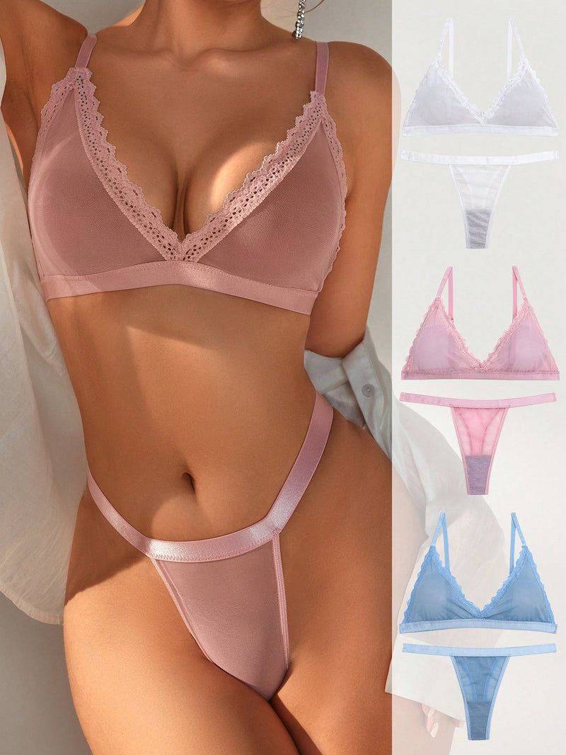 6 Piezas/set Ropa Interior Sexy Inalambrica De Malla Con Borde De Encaje Para Mujer