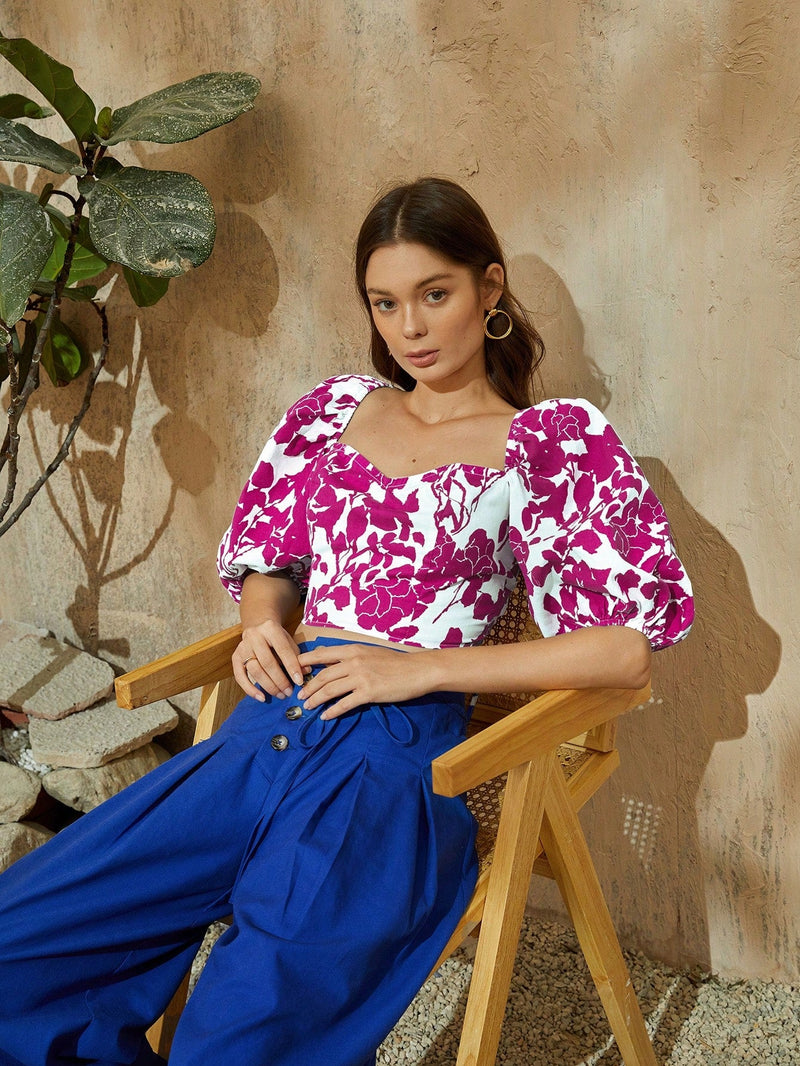 VCAY Camisa Con Cintura Anudada Sin Espalda Y Cuello De Corazon Con Estampado De Flores