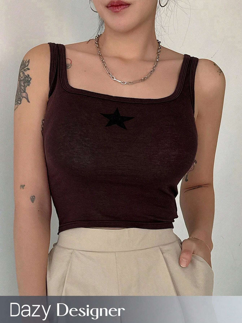 Dazy Designer Top de cuello cuadrado y tirantes con estampado de estrellas para mujeres