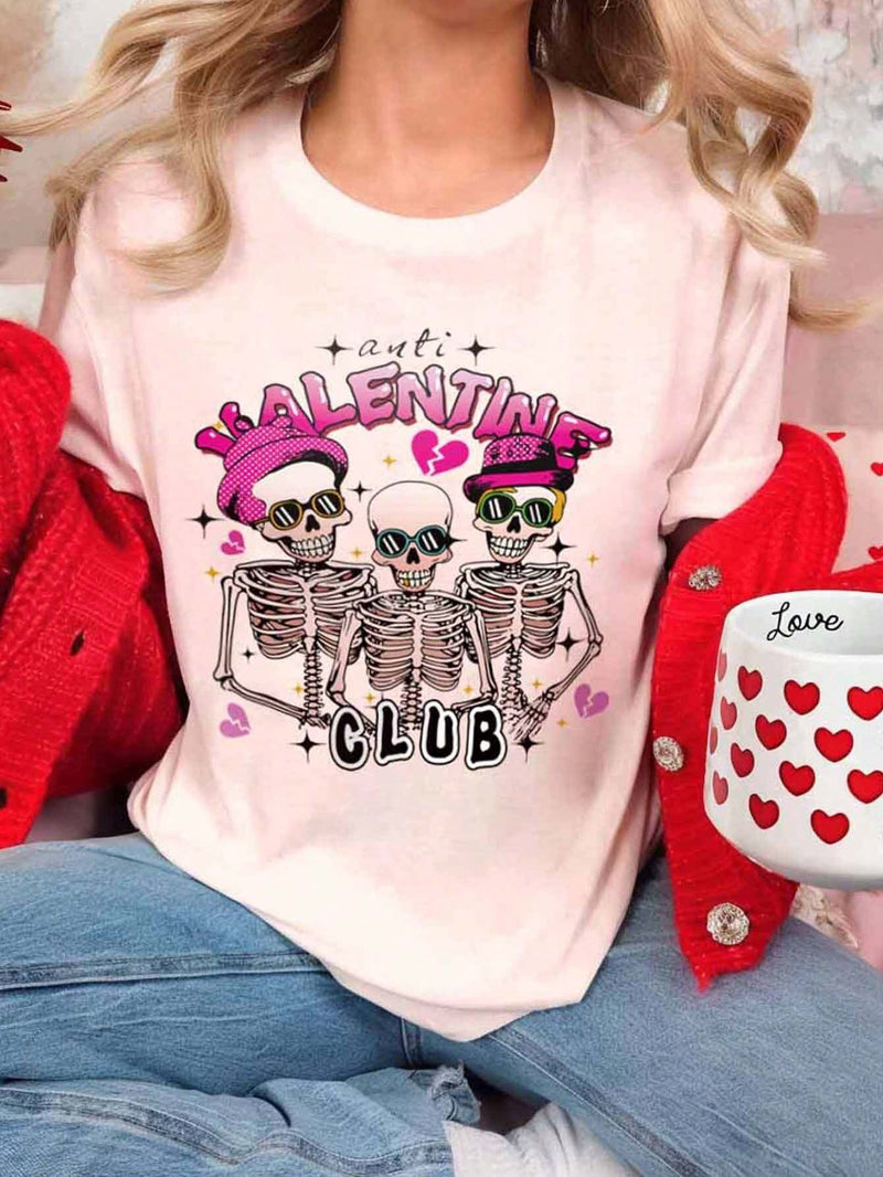 Camiseta De Manga Corta Con Cuello Redondo Y Estampado Grafico De Love Heart & Skulls Para Mujer, Perfecta Para El Dia De San Valentin