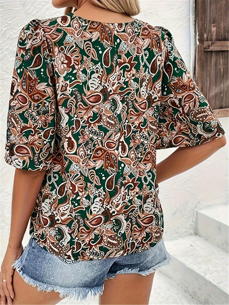 Camisa De Mujer Con Cuello Redondo Y Estampado De Cachemira