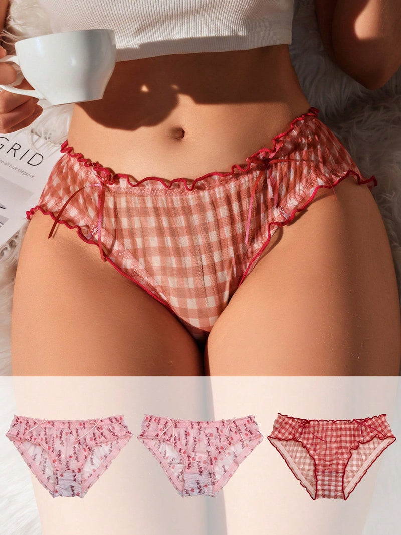 Fondo De Bikini Triangular Para Mujer Con Estampado De Cuadros Y Adorno De Lazo