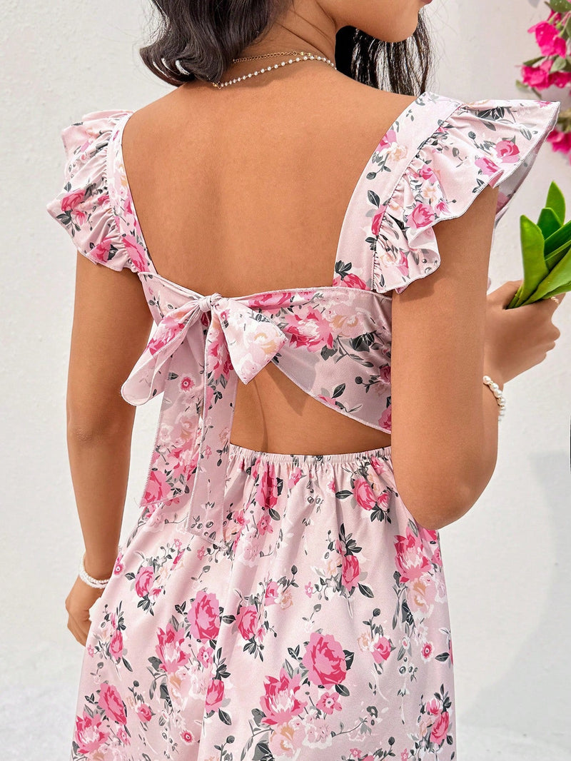 Wywh vestido de manga voladora corta con estampado floral para mujer