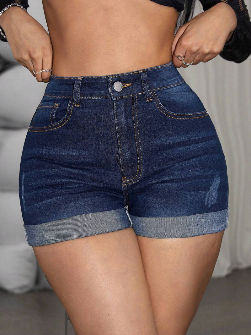 PETITE Shorts Vaqueros De Corte Slim Con Diseno De Bigotes De Gato Para Mujer