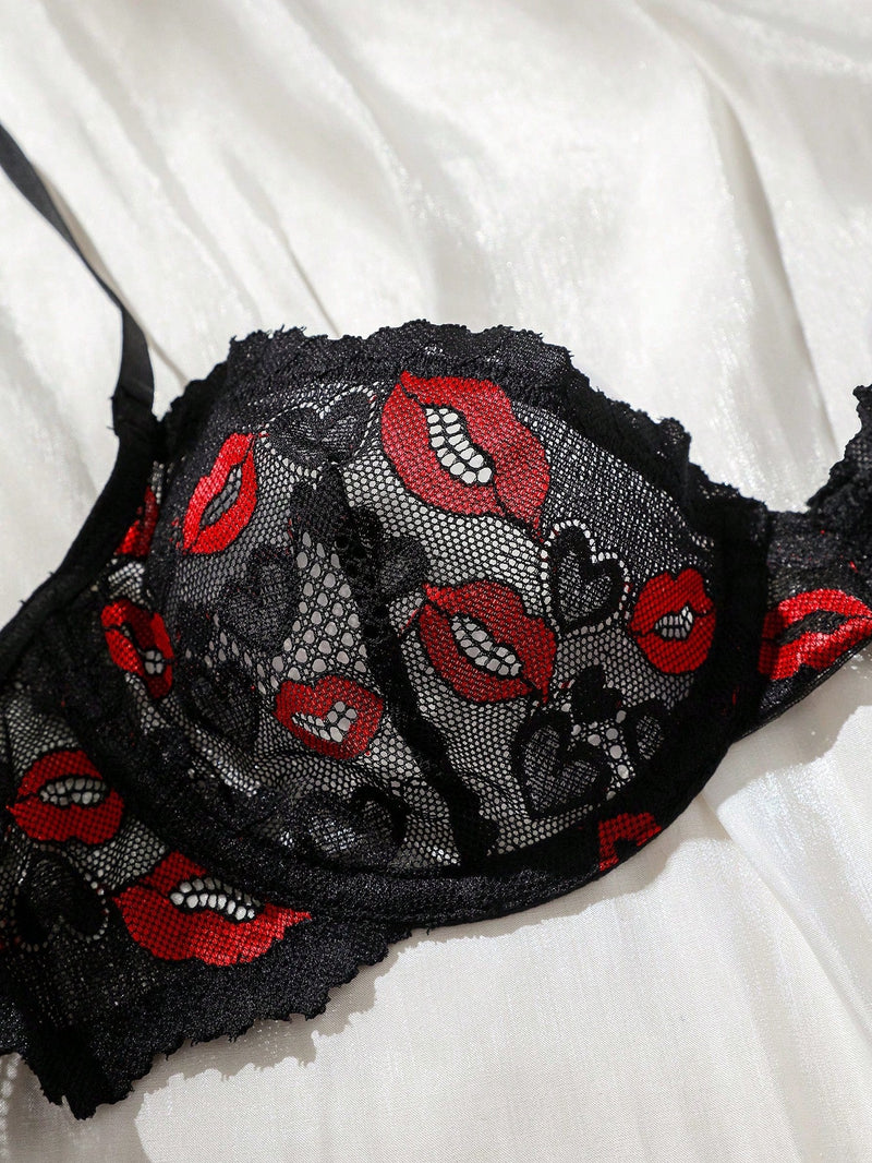 Conjunto de lenceria sexy de encaje para el Dia de San Valentin para mujer con diseno de labios y corazones